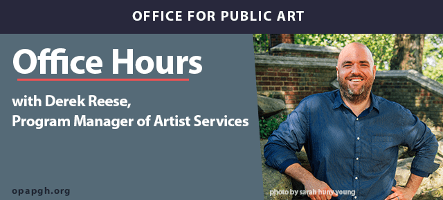 Office Hours with Derek Reese, Program Manager of Artist Services. In the photograph, Derek is standing outside, wearing a blue shirt and posed with his hands on his hips.